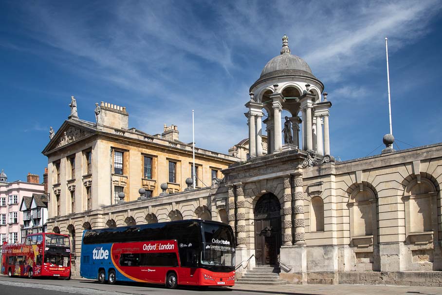 Oxford Tube Coach on The High outside The Queen's College